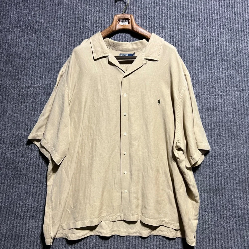 Vintage Polo Ralph Lauren Shirt Mens 4XB Tan Linen Silk Herringbone Short Sleeve